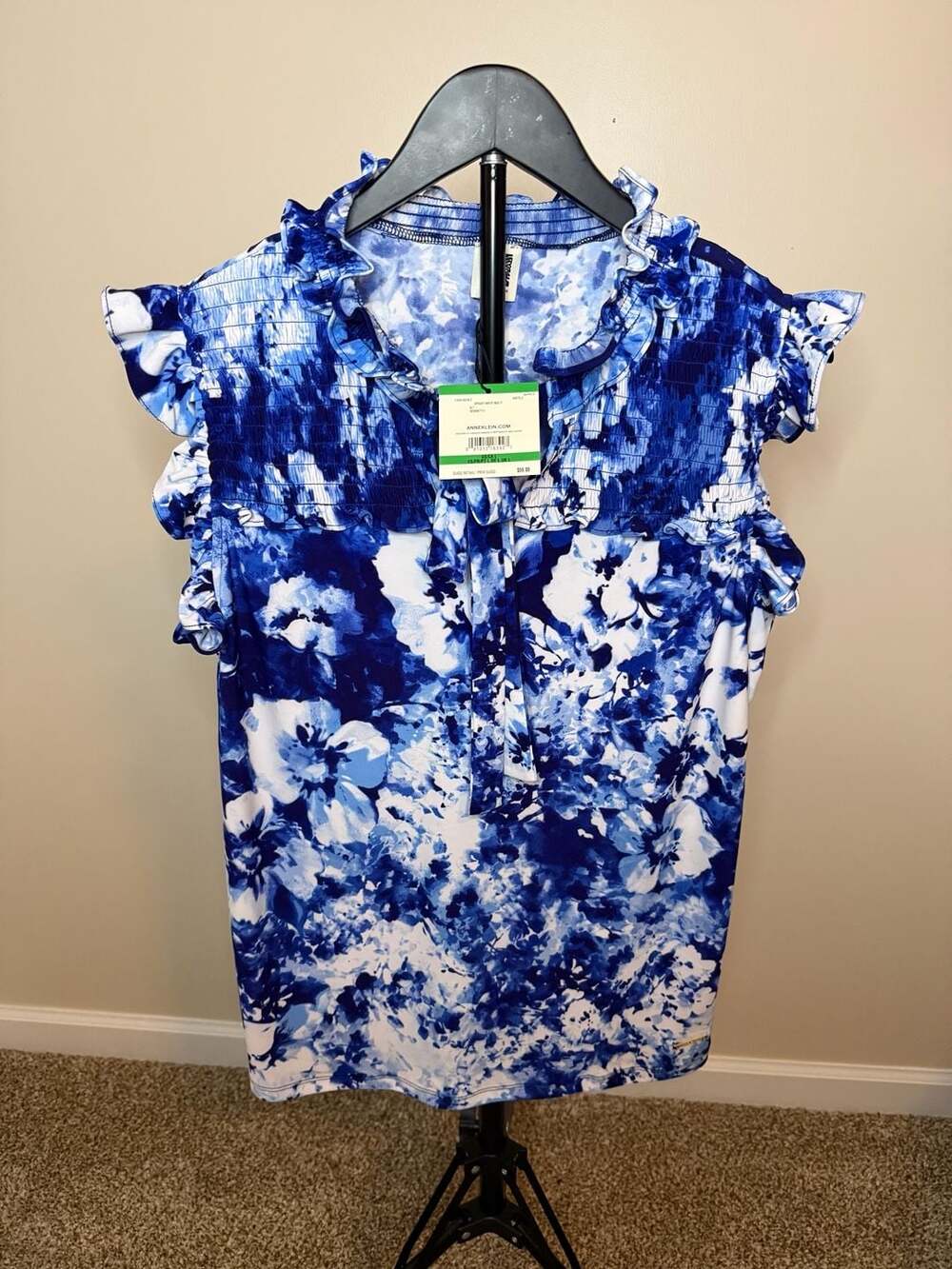 Anne Klein Blue Floral Ruffle Smocked Sleeveless Blouse Size L